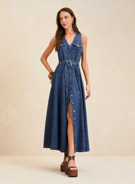 Vestido Jeans Longo Estruturado Com Cinto