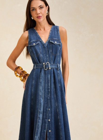 Vestido Jeans Longo Estruturado Com Cinto