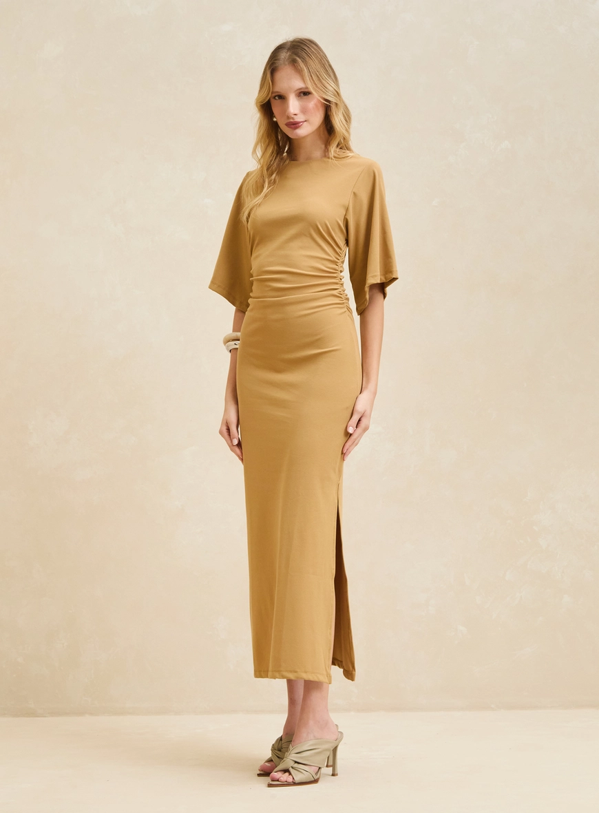 Vestido Maxi Midi Acinturado Com Mangas Amplas Bege Soybean 1