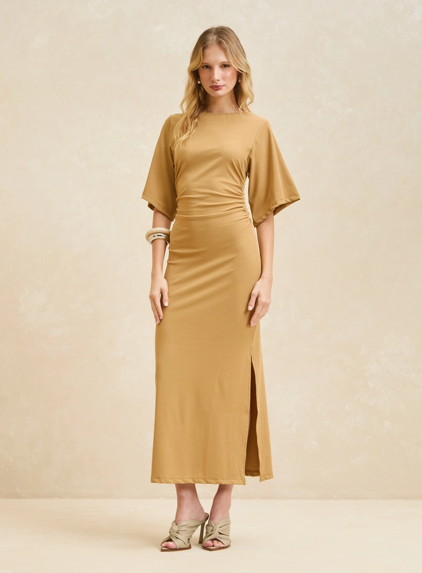 Vestido Maxi Midi Acinturado Com Mangas Amplas Bege Soybean 3
