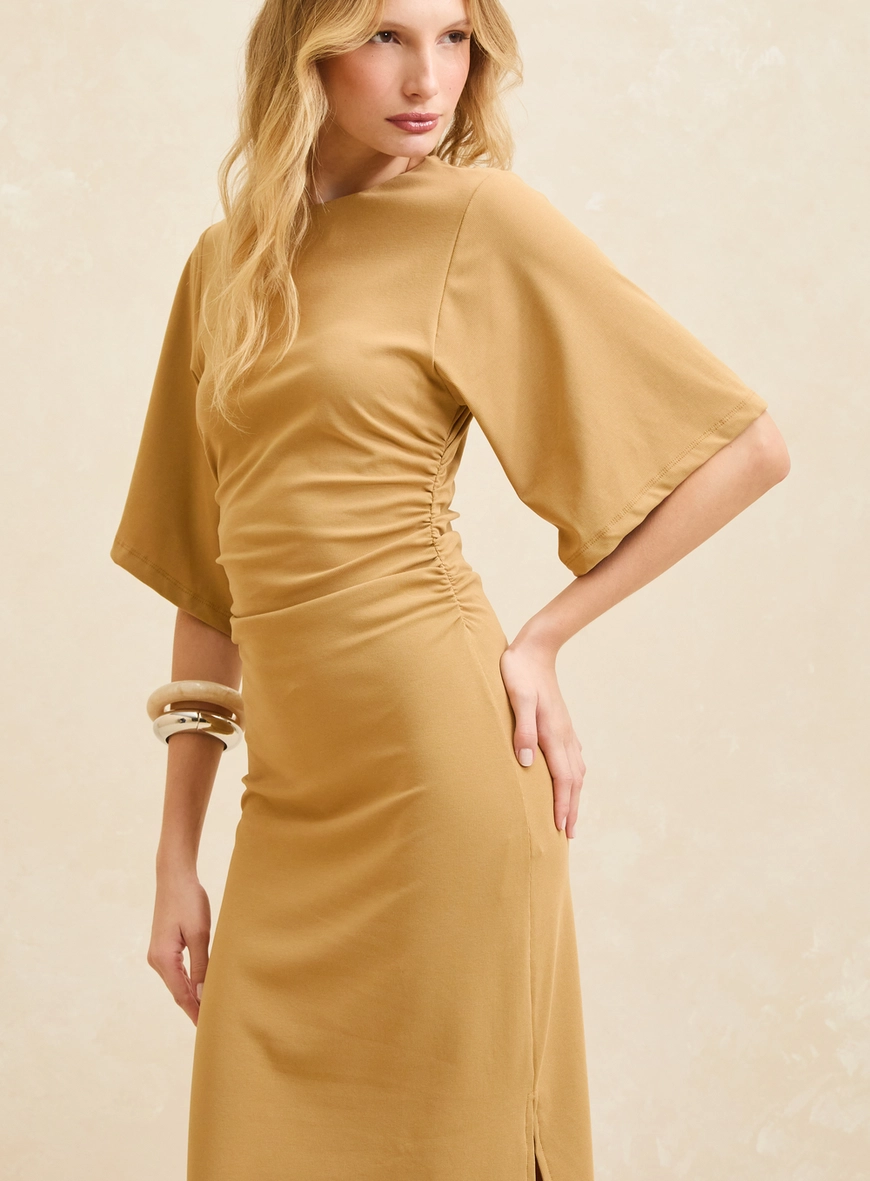 Vestido Maxi Midi Acinturado Com Mangas Amplas Bege Soybean 4
