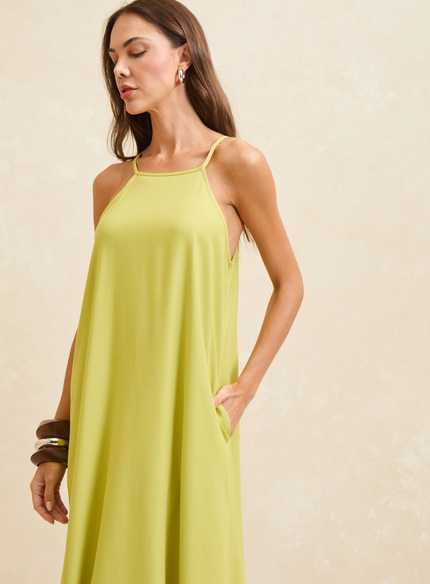 Vestido Maxi Midi Amplo Com Bolsos Verde