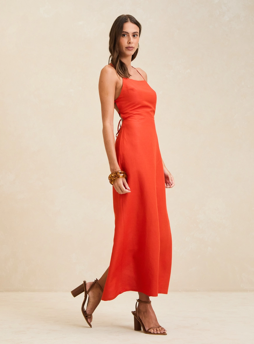 Vestido Midi Acinturado Reto Com Amarração Laranja 1