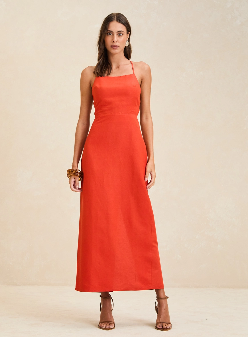 Vestido Midi Acinturado Reto Com Amarração Laranja 3