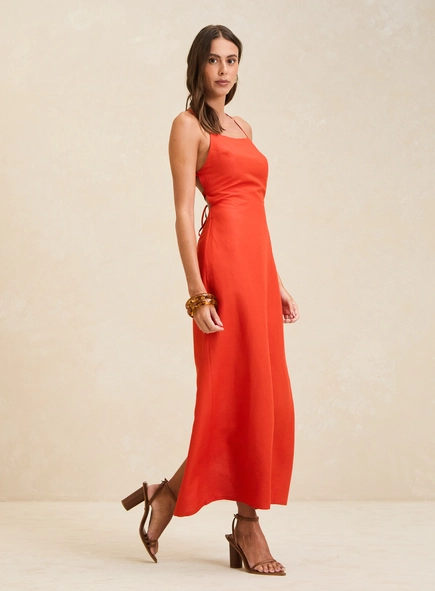Vestido Midi Acinturado Reto Com Amarração