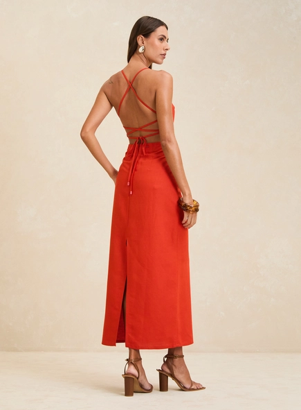 Vestido Midi Acinturado Reto Com Amarração