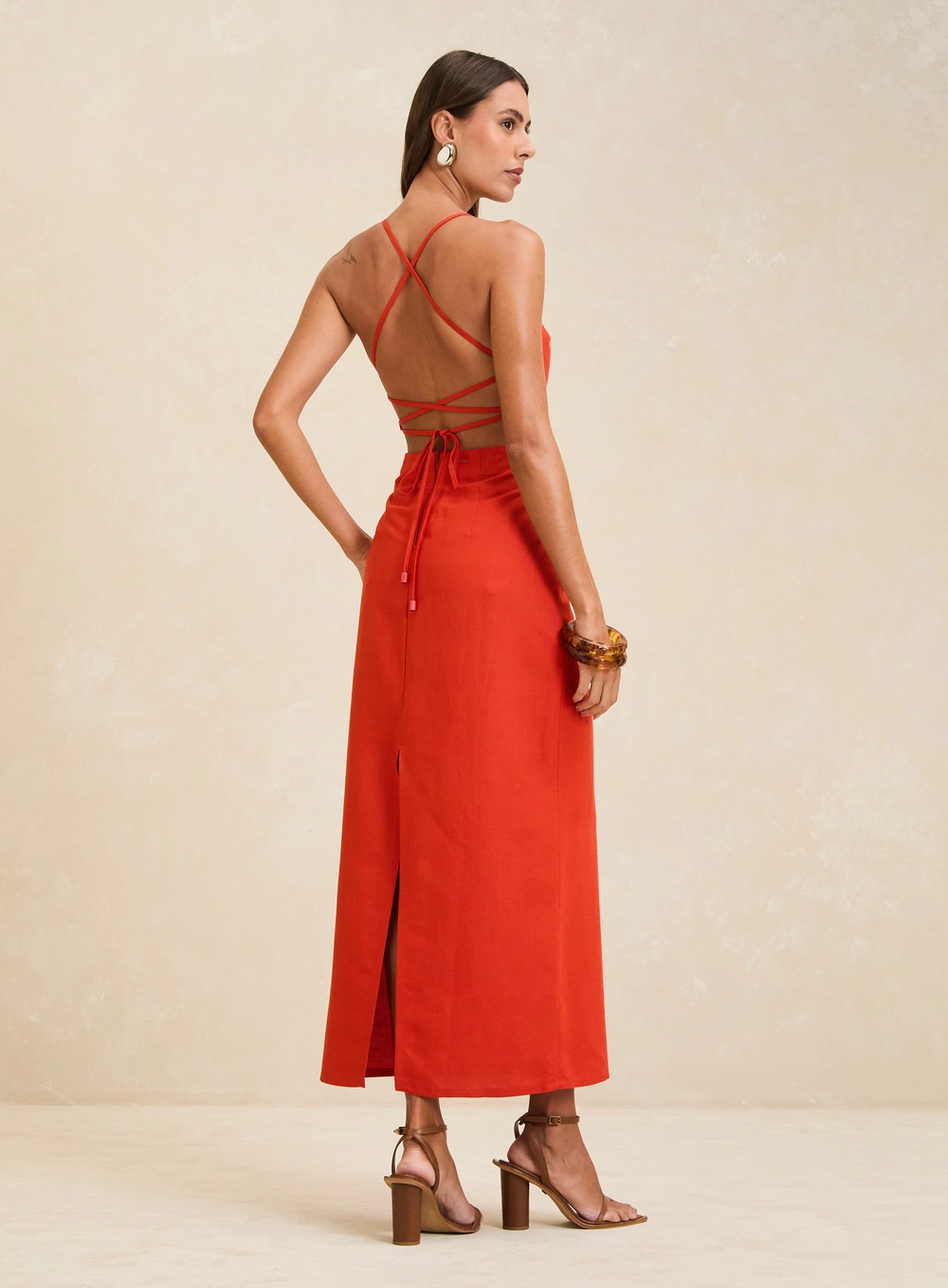 Vestido Midi Acinturado Reto Com Amarração Laranja 2
