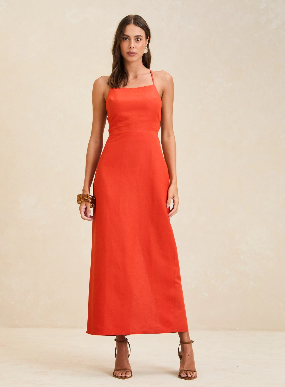 Vestido Midi Acinturado Reto Com Amarração Laranja 3