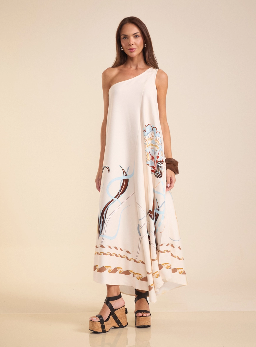 Vestido Longo Amplo De Um Ombro Só Estampado Estampados