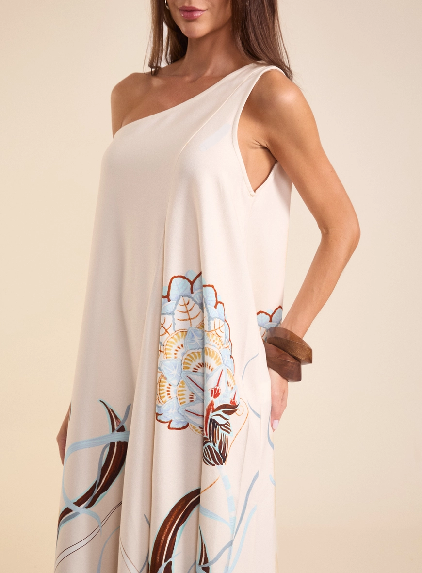 Vestido Longo Amplo De Um Ombro Só Estampado Estampados