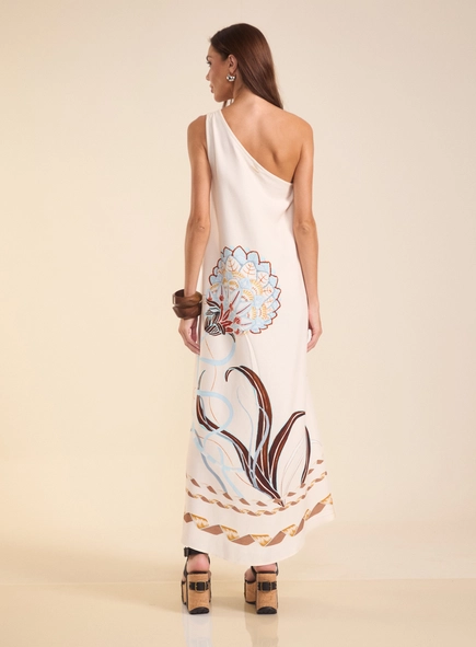 Vestido Longo Amplo De Um Ombro Só Estampado