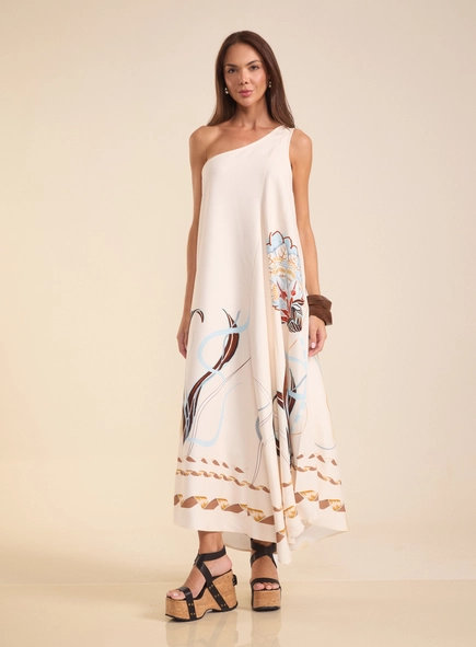Vestido Longo Amplo De Um Ombro Só Estampado
