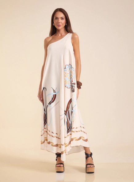 Vestido Longo Amplo De Um Ombro Só Estampado