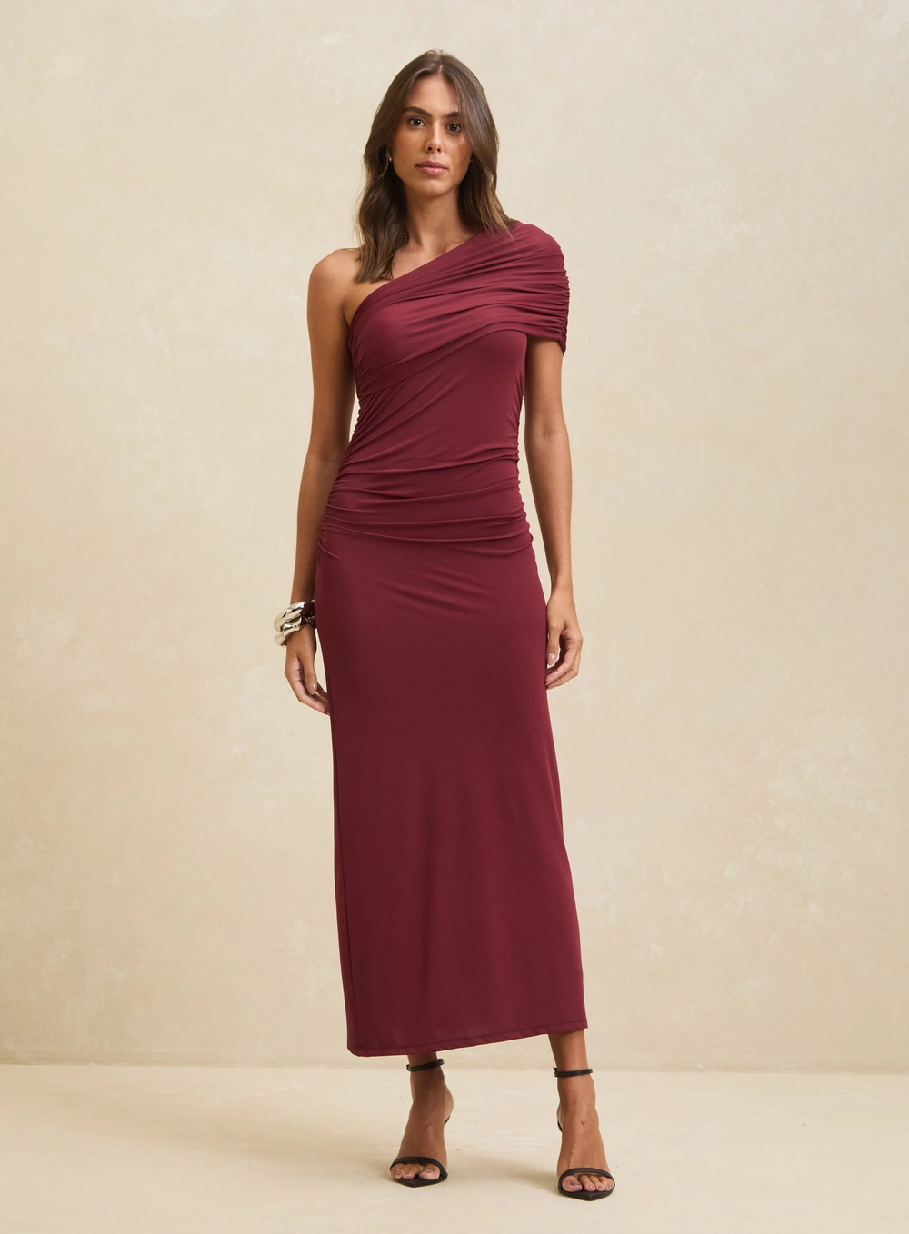 Vestido Midi Um Ombro Só Drapeado Vermelho 3