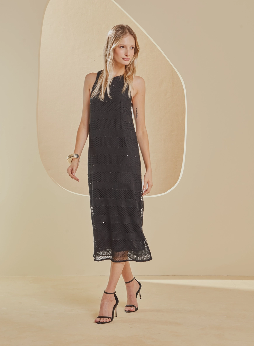 Vestido Reto Renda Com Brilho Preto 1