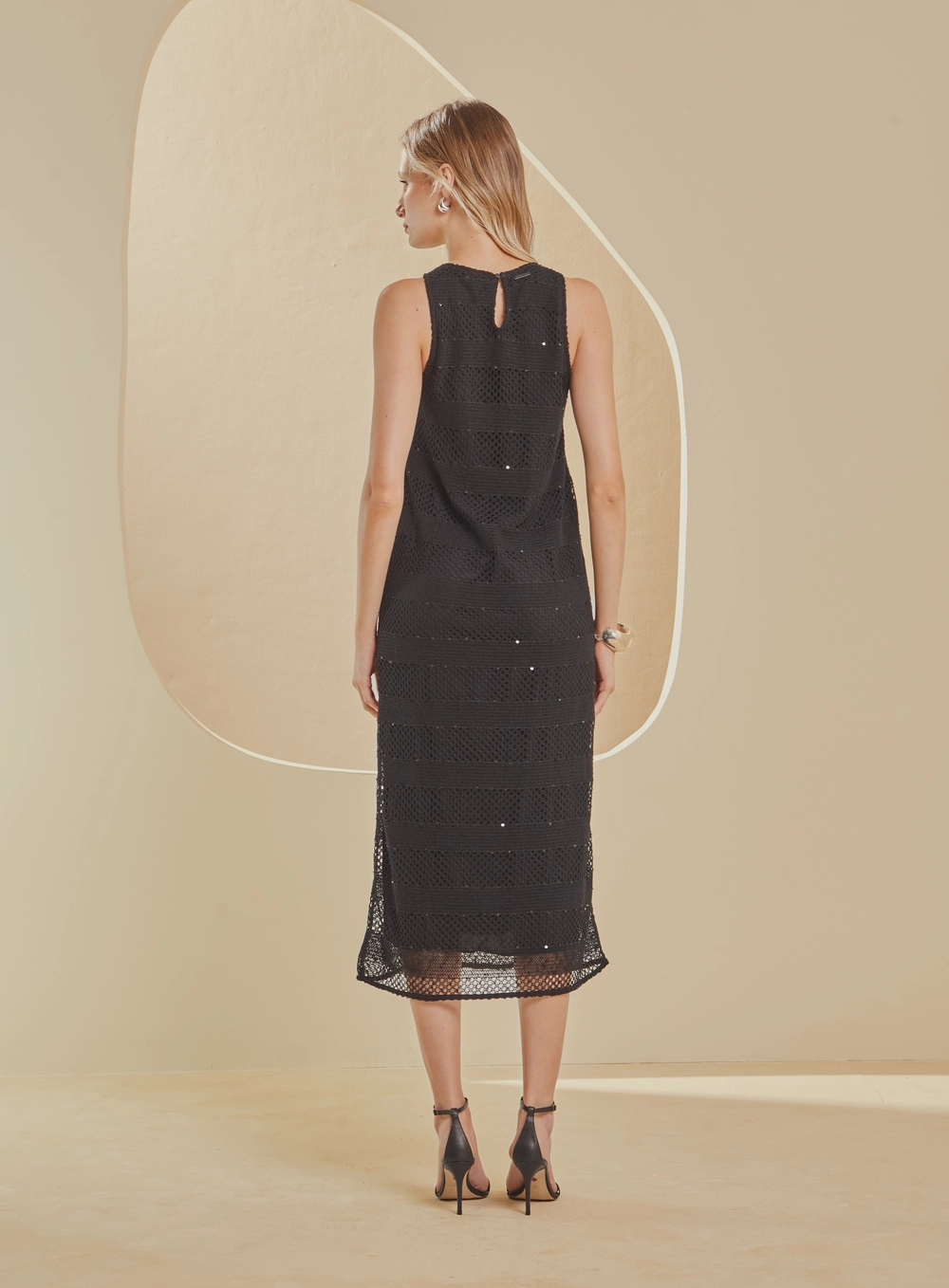 Vestido Reto Renda Com Brilho Preto 2