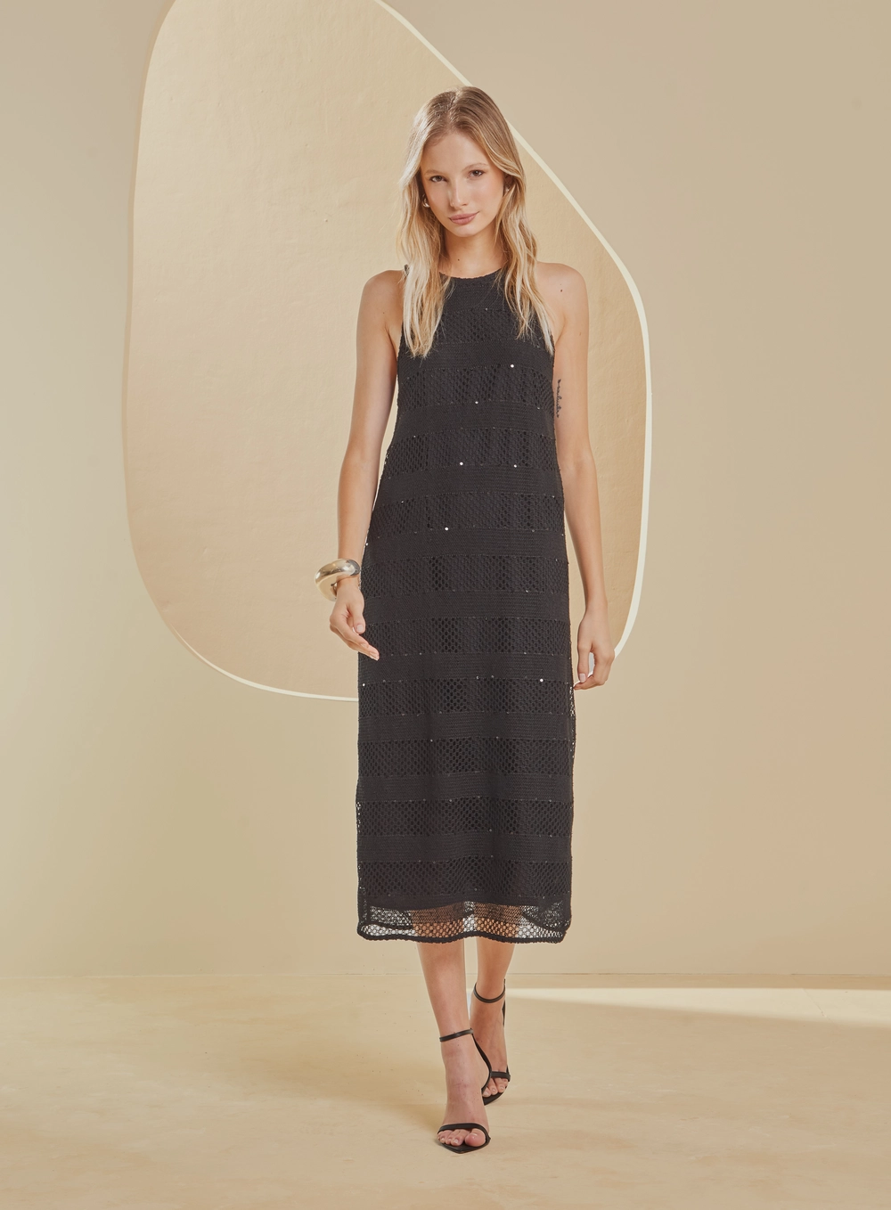 Vestido Reto Renda Com Brilho Preto 3