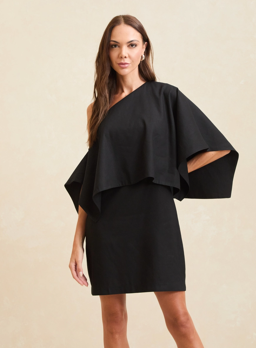 Vestido Curto Reto Acinturado Assimétrico Preto 3