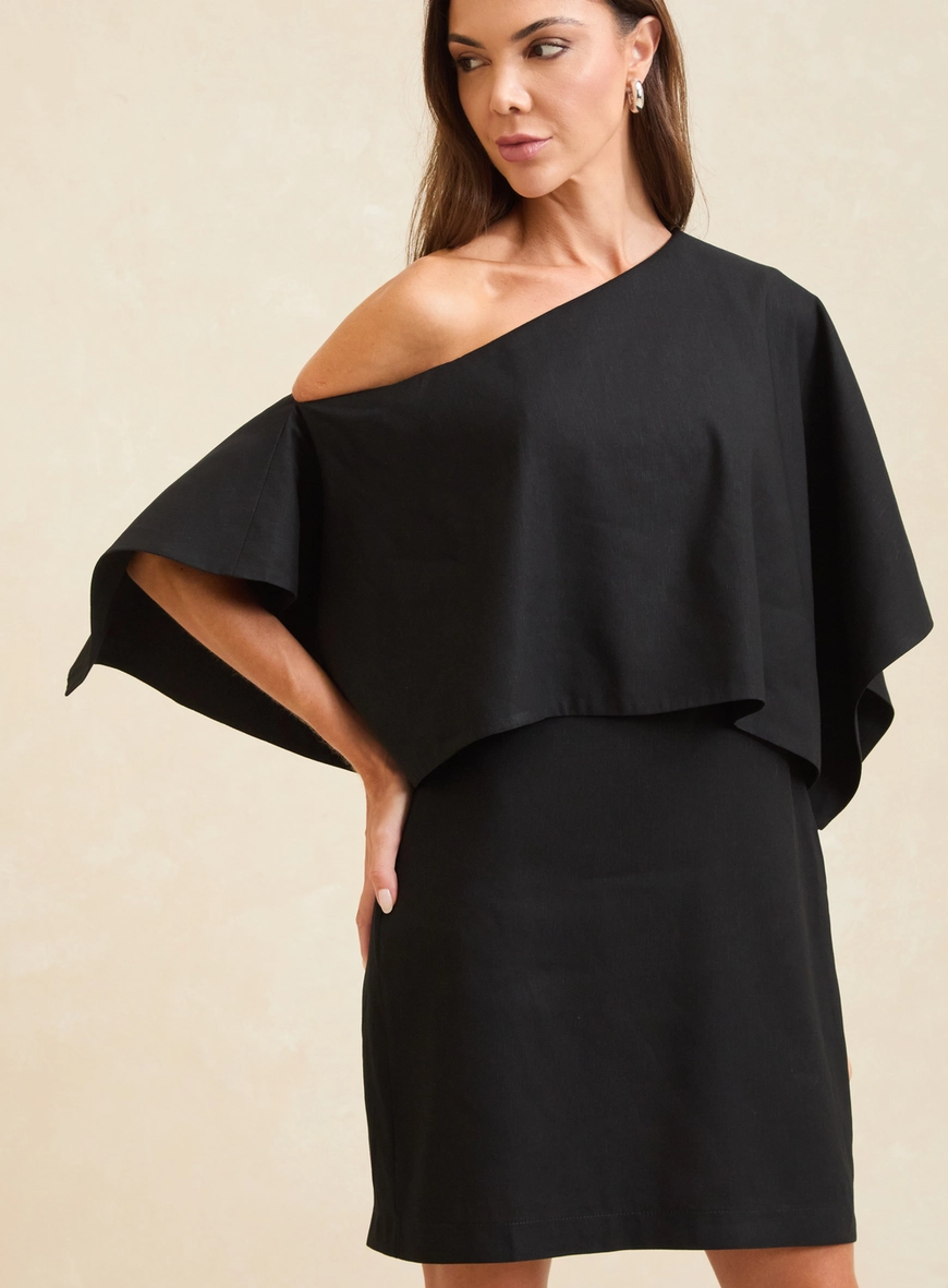 Vestido Curto Reto Acinturado Assimétrico Preto 4