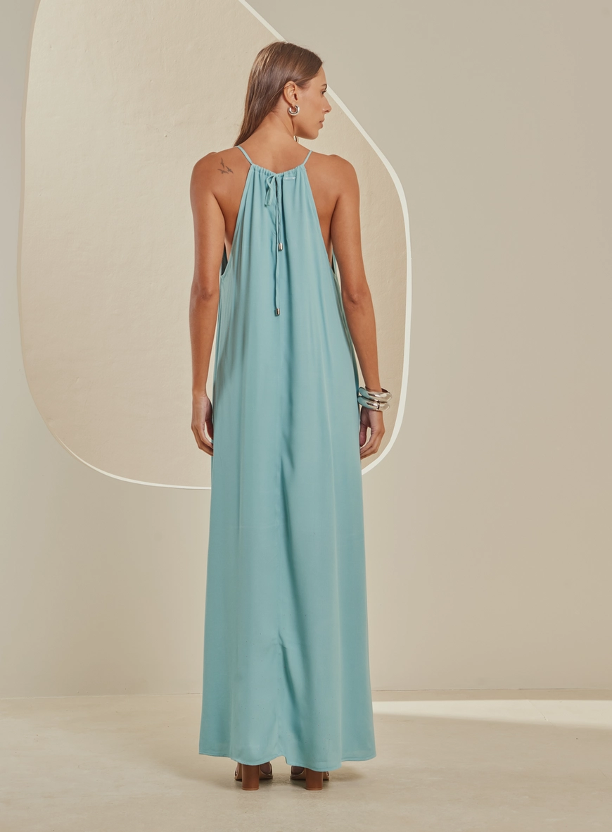 Vestido Longo Amplo Decote V Com Amarração Azul