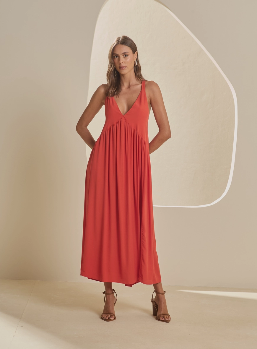 Vestido Longo Amplo Decote V Laranja 1
