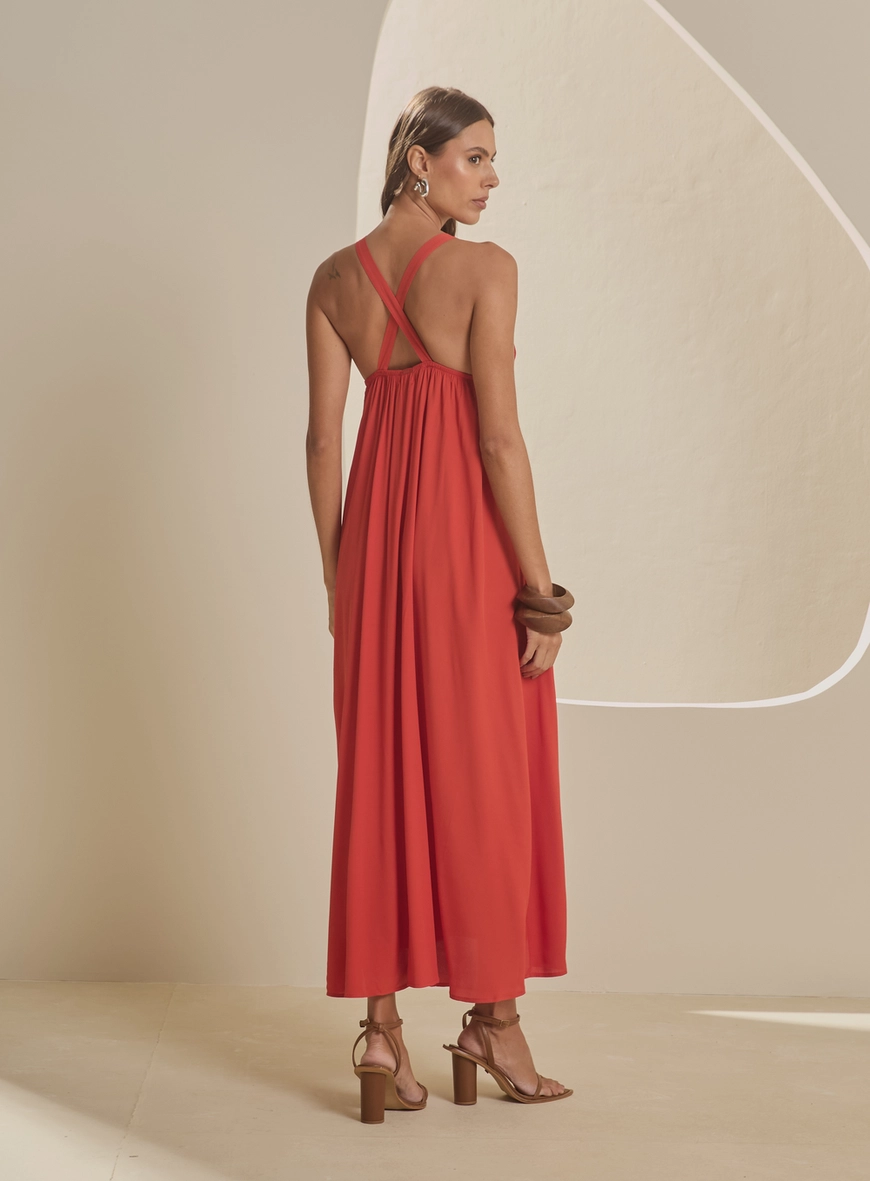 Vestido Longo Amplo Decote V Laranja 2