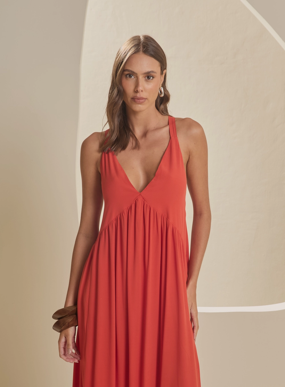 Vestido Longo Amplo Decote V Laranja 3