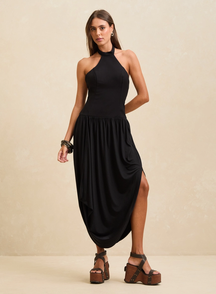 Vestido Midi Balonê Gola Alta Preto