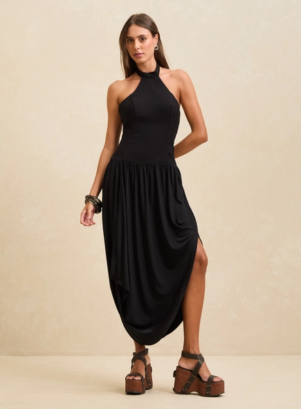 Vestido Midi Balonê Gola Alta