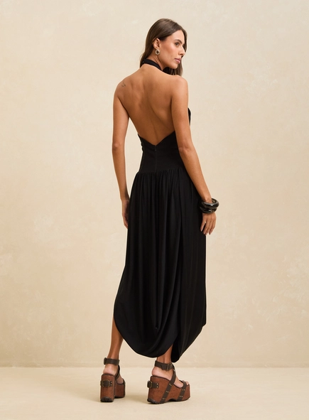 Vestido Midi Balonê Gola Alta