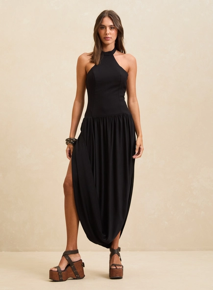 Vestido Midi Balonê Gola Alta