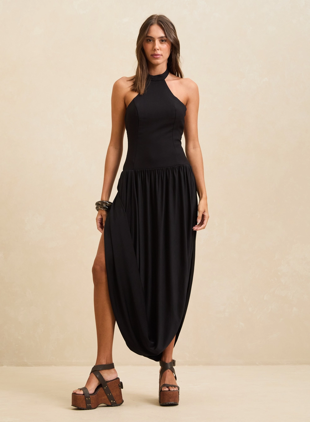 Vestido Midi Balonê Gola Alta Preto 3