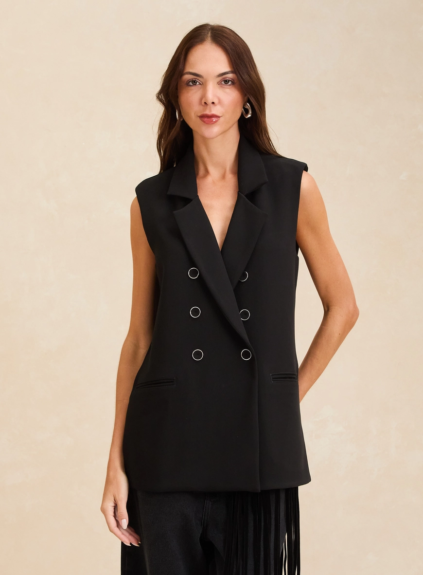 Colete Alfaiataria Feminino Alongado Preto