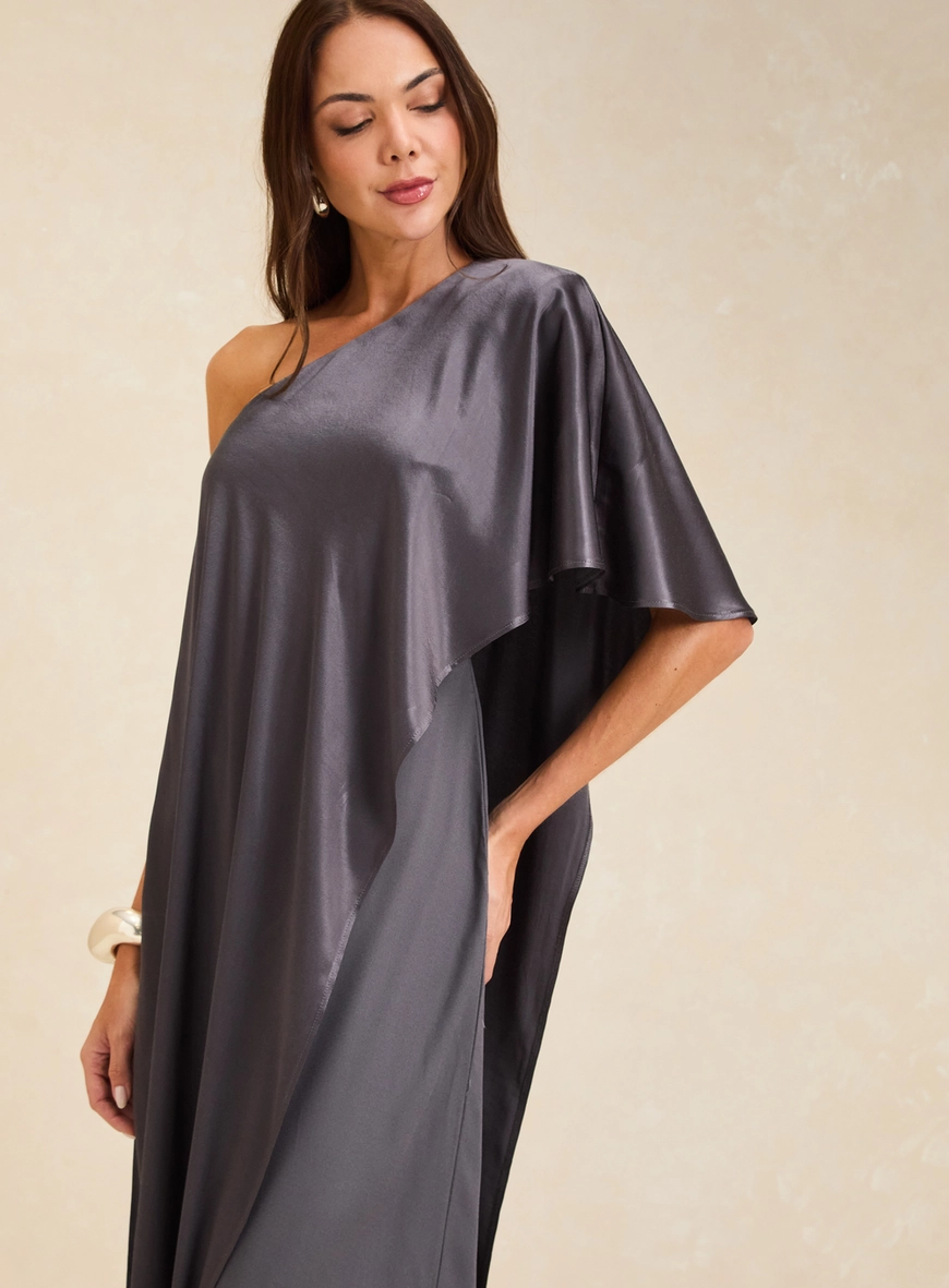 Macacão Longo Acetinado Wide Leg Assimétrico Cinza