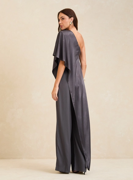 Macacão Longo Acetinado Wide Leg Assimétrico
