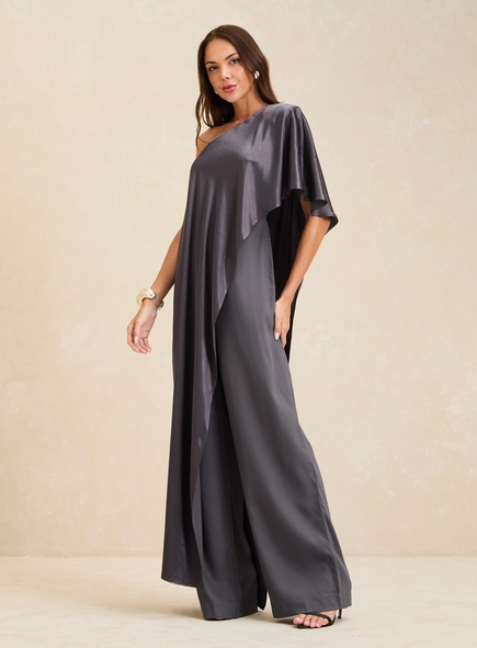 Macacão Longo Acetinado Wide Leg Assimétrico