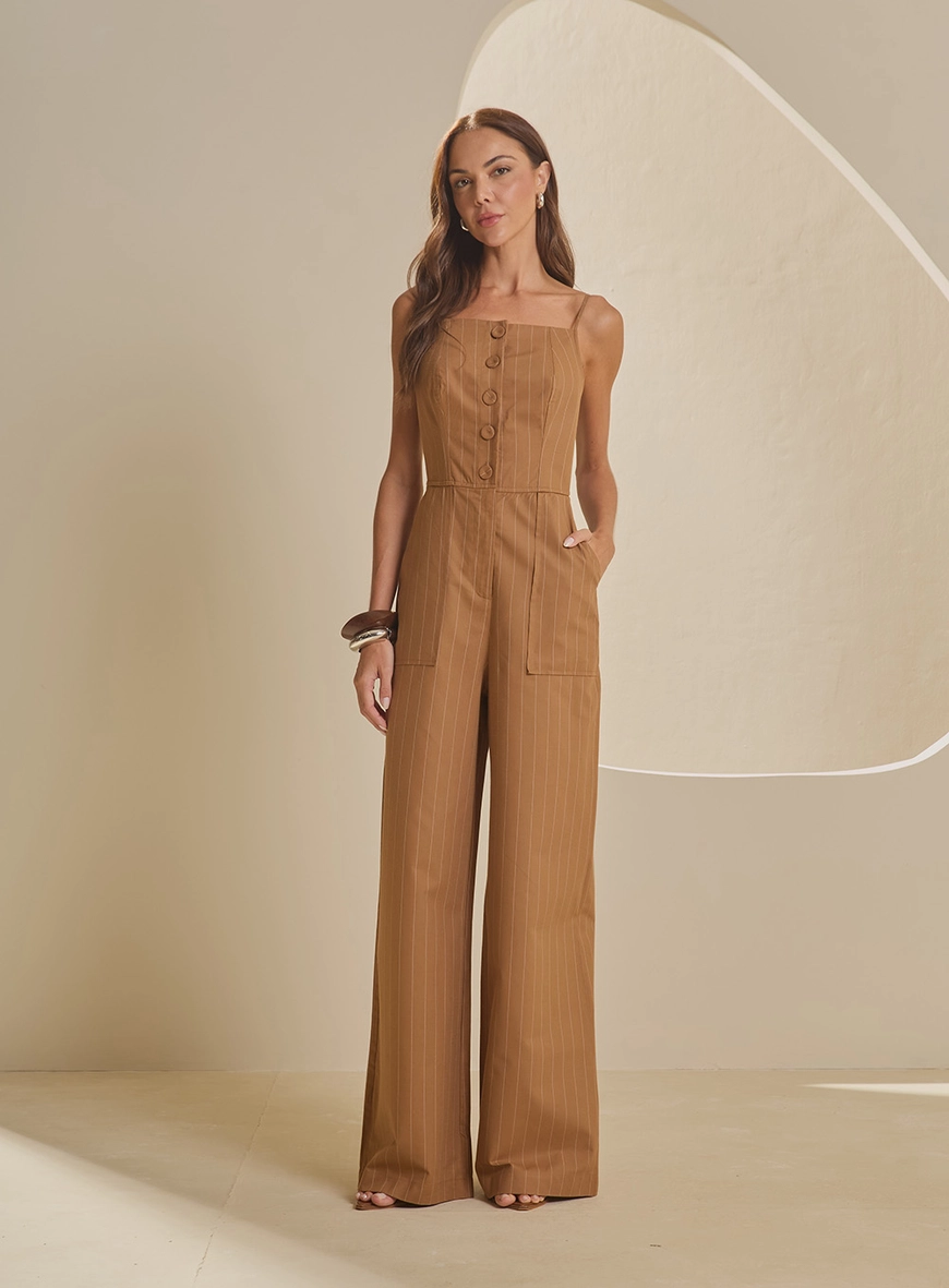 Macacão Alfaiataria Wide Leg Com Bolsos Listrado Estampados 1