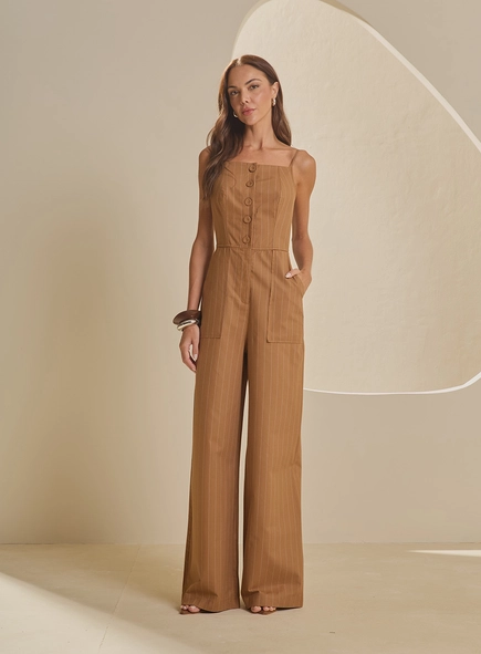 Macacão Alfaiataria Wide Leg Com Bolsos Listrado