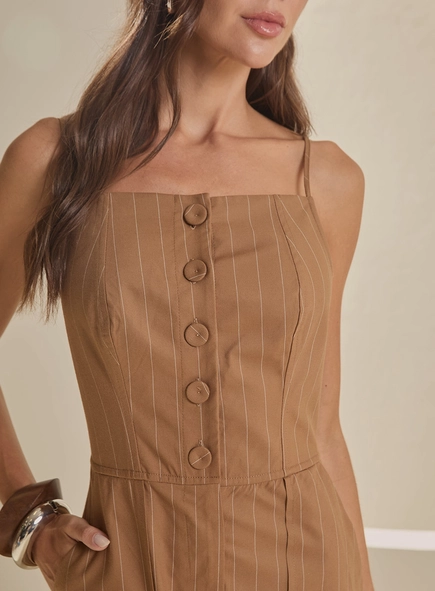 Macacão Alfaiataria Wide Leg Com Bolsos Listrado