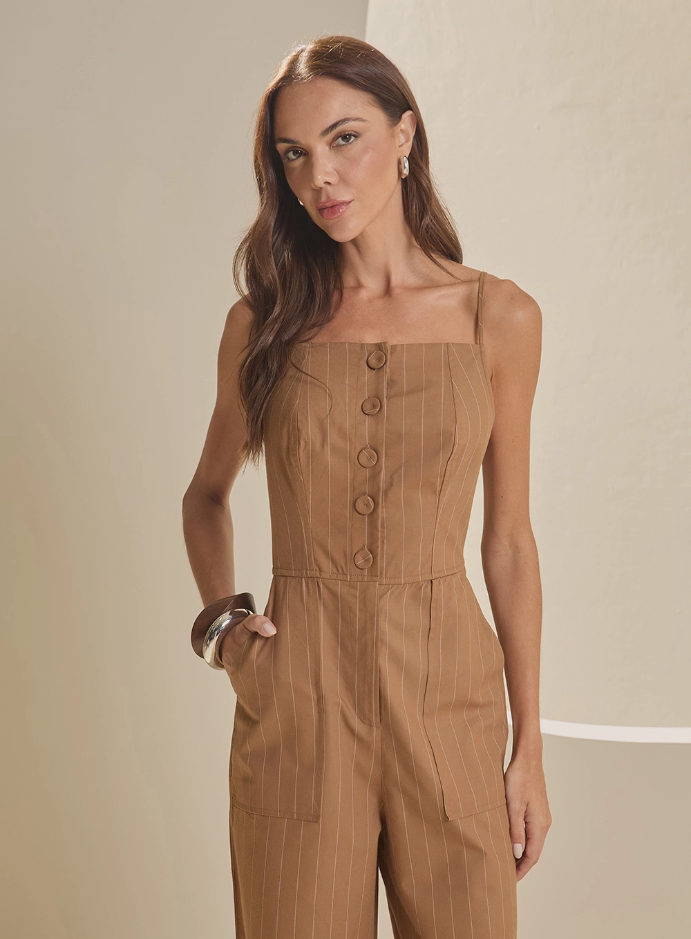 Macacão Alfaiataria Wide Leg Com Bolsos Listrado Estampados 3