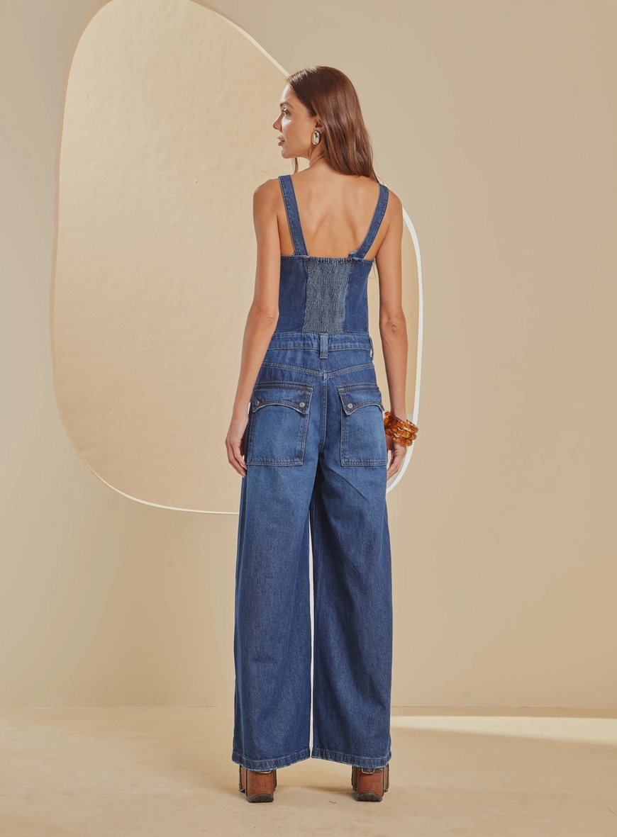 Macacão Jeans Wide Leg De Alças Largas Índigo 2