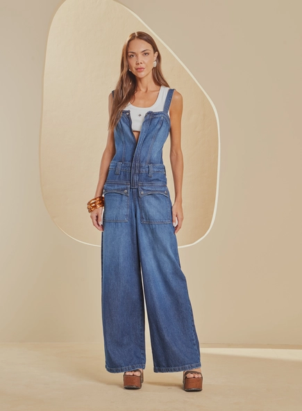 Macacão Jeans Wide Leg De Alças Largas