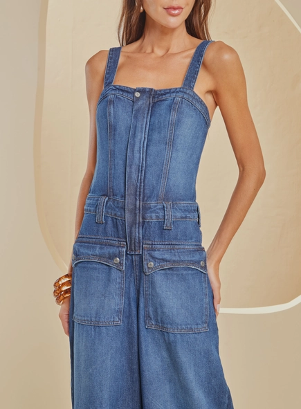 Macacão Jeans Wide Leg De Alças Largas