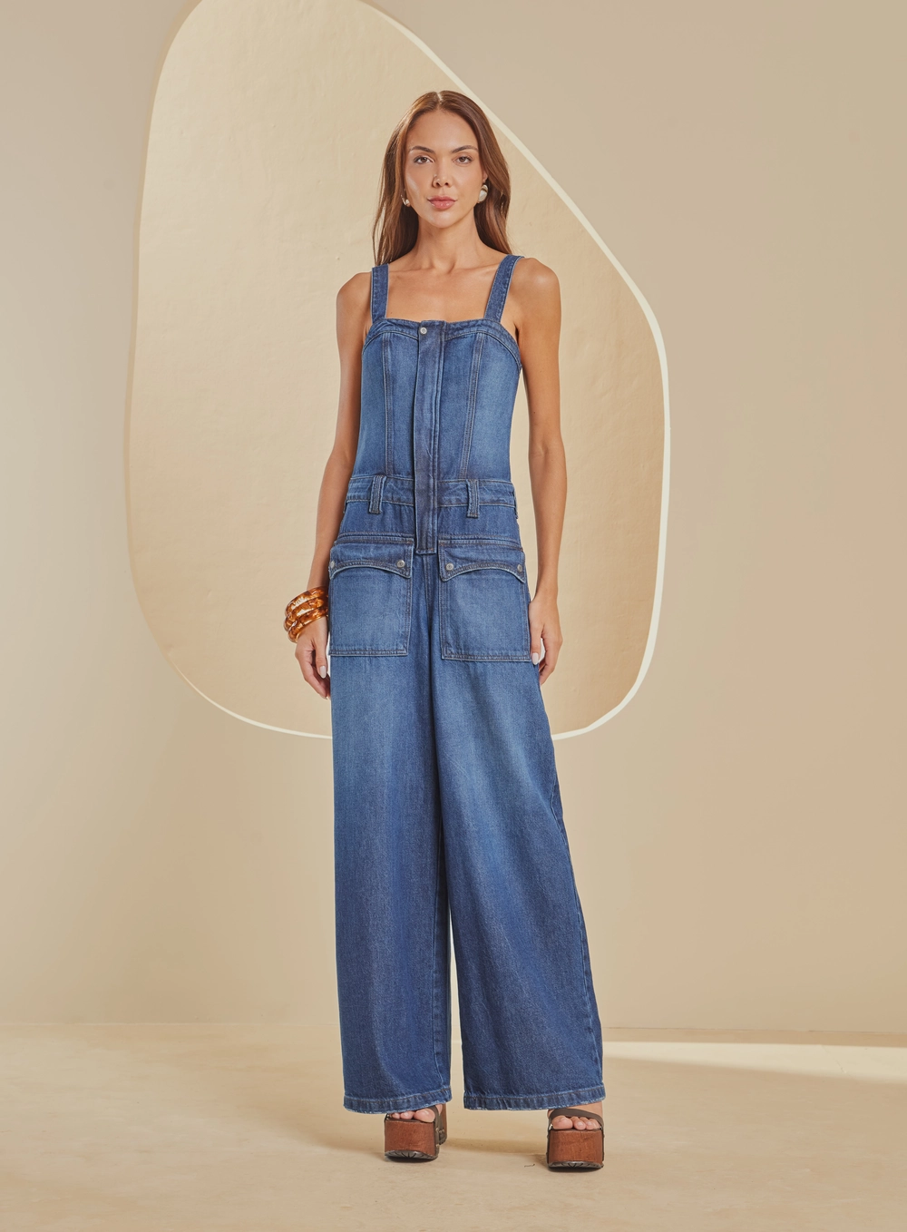 Macacão Jeans Wide Leg De Alças Largas Índigo 3