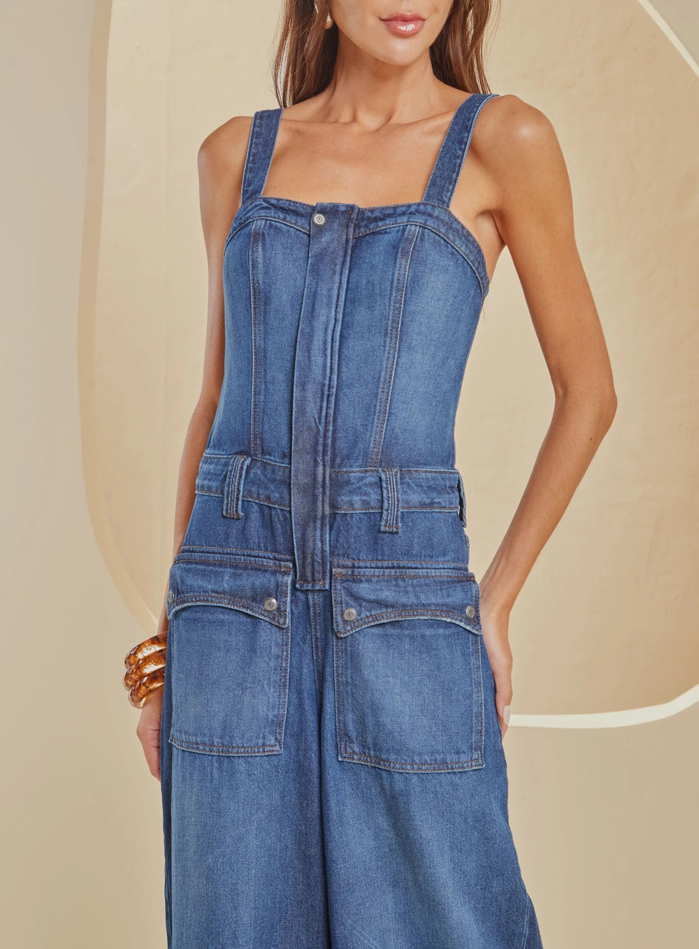 Macacão Jeans Wide Leg De Alças Largas Índigo 4