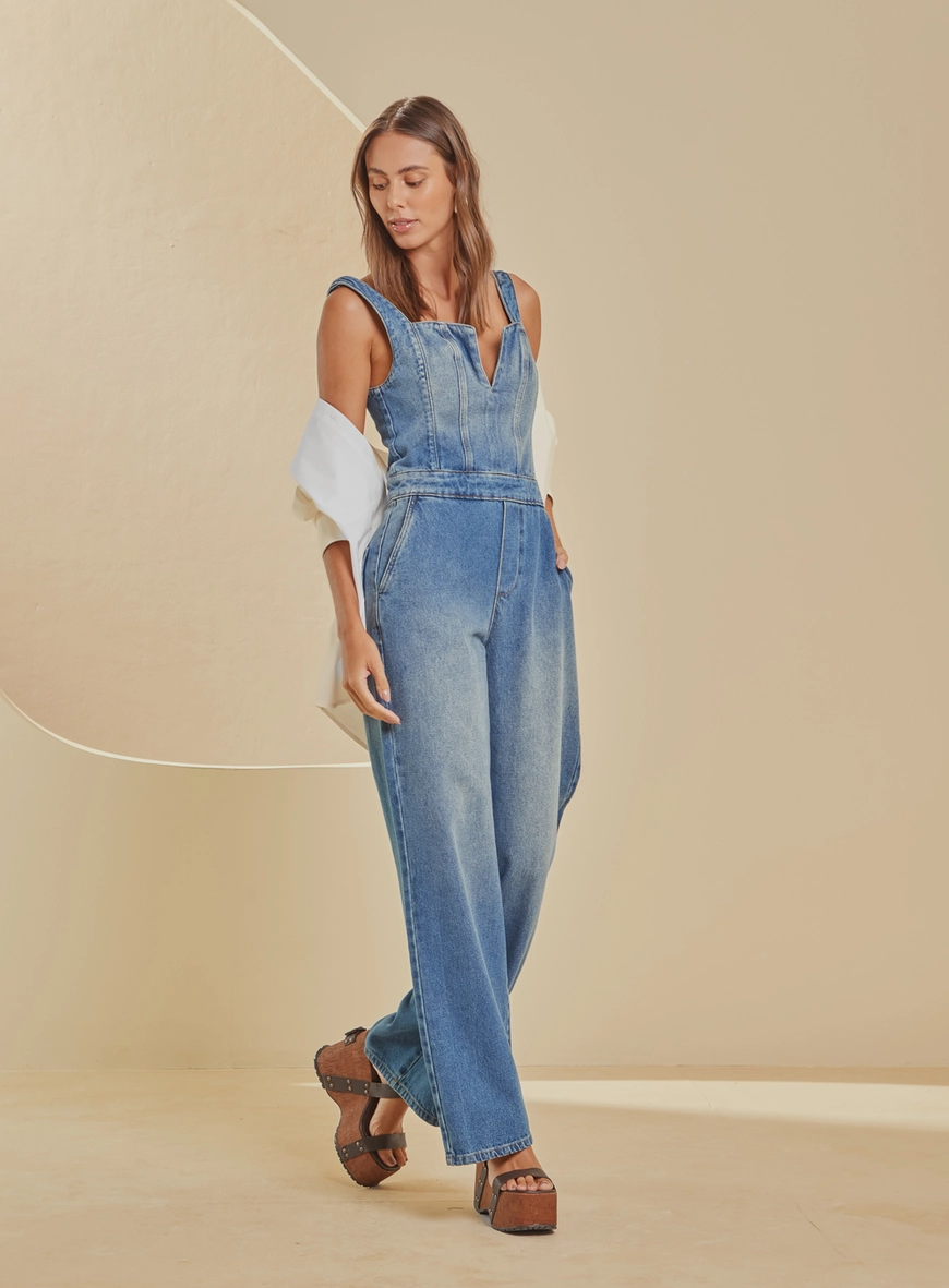 Macacão Jeans Wide Leg De Alças Largas Bella Índigo 1