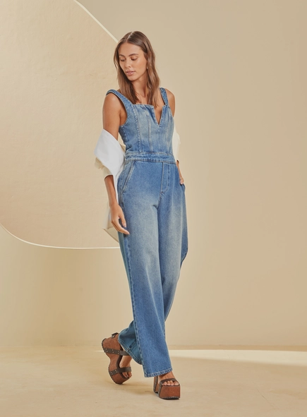 Macacão Jeans Wide Leg De Alças Largas Bella