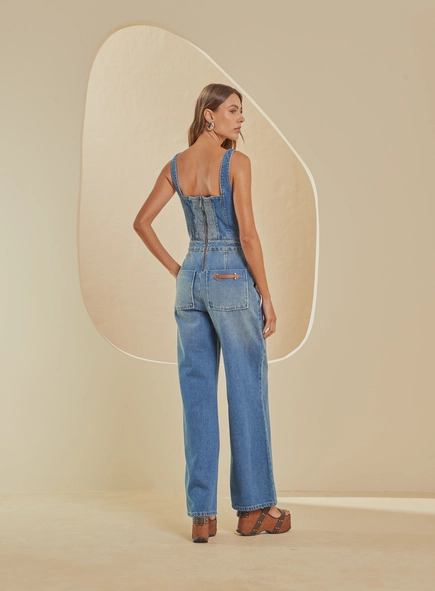 Macacão Jeans Wide Leg De Alças Largas Bella