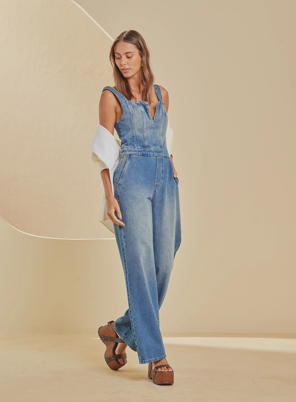Macacão Jeans Wide Leg De Alças Largas Bella Índigo 1