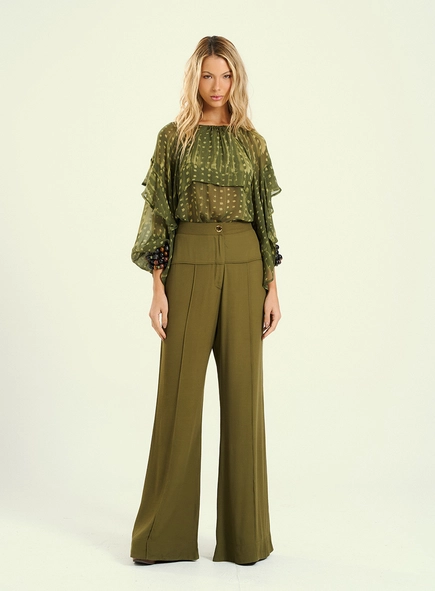 Calça Feminina Pantalona Com Botão E Pregas